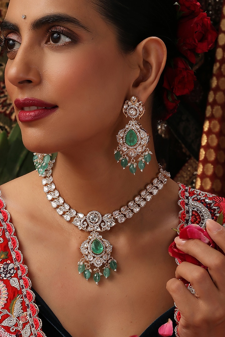 Rose Gold Finish Mint Green Kundan Polki Necklace Set by Swabhimann Jewellery at Pernia's Pop Up Shop