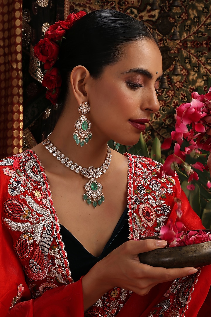 Rose Gold Finish Mint Green Kundan Polki Necklace Set by Swabhimann Jewellery at Pernia's Pop Up Shop