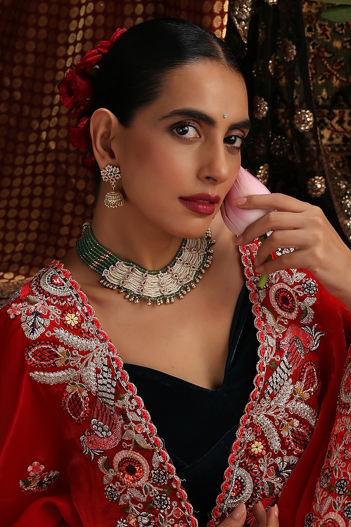 Gold Finish Green & White Kundan Polki Layered Necklace Set by Swabhimann Jewellery at Pernia's Pop Up Shop