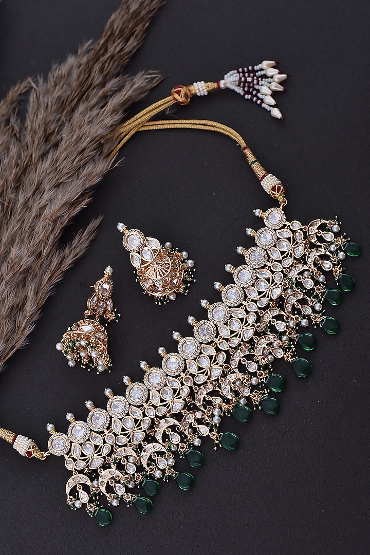 Gold Finish Green Kundan Polki Handcrafted Choker Necklace Set by Swabhimann Jewellery at Pernia's Pop Up Shop