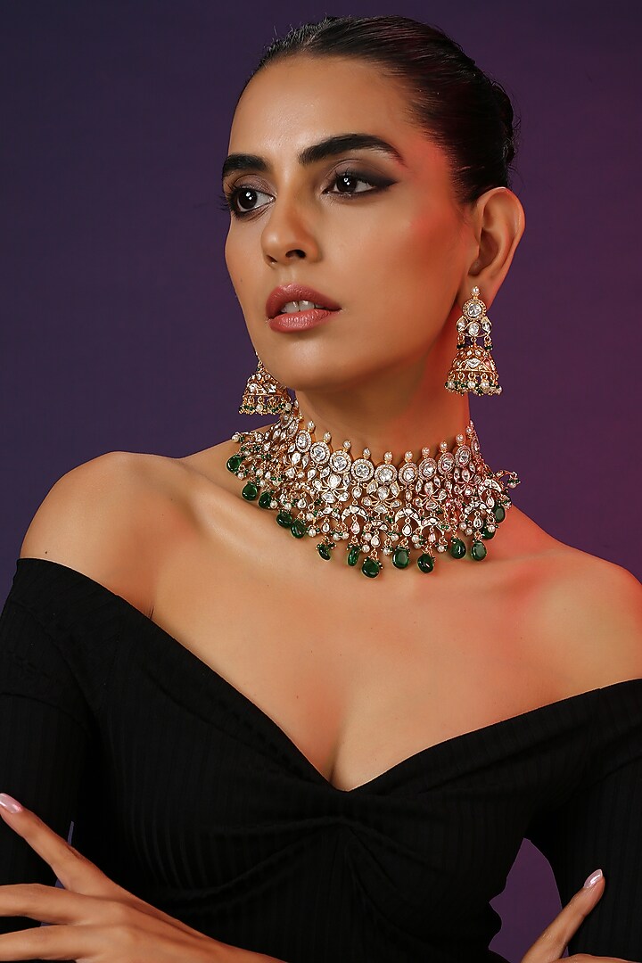Gold Finish Green Kundan Polki Handcrafted Choker Necklace Set by Swabhimann Jewellery at Pernia's Pop Up Shop
