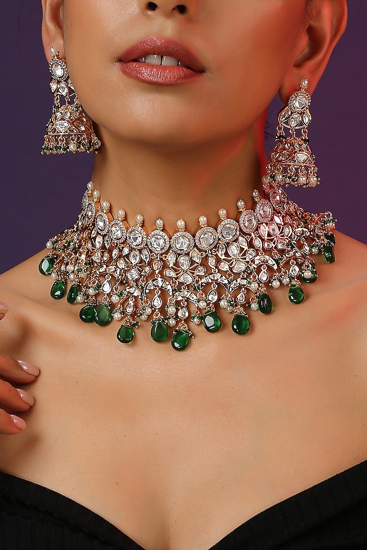 Gold Finish Green Kundan Polki Handcrafted Choker Necklace Set by Swabhimann Jewellery at Pernia's Pop Up Shop