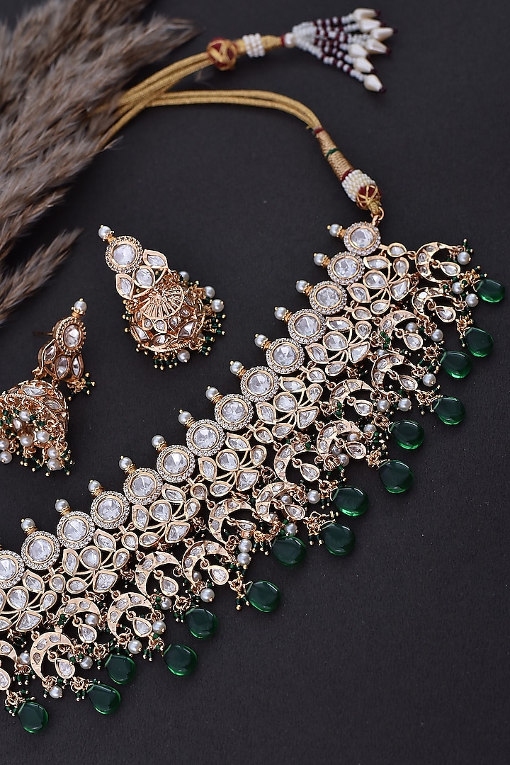 Gold Finish Green Kundan Polki Handcrafted Choker Necklace Set by Swabhimann Jewellery at Pernia's Pop Up Shop