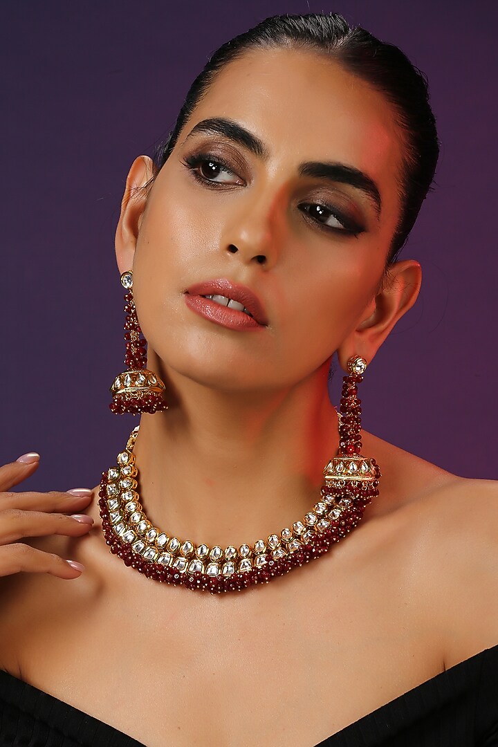 Gold Finish Red Kundan Polki Handcrafted Choker Necklace Set by Swabhimann Jewellery at Pernia's Pop Up Shop