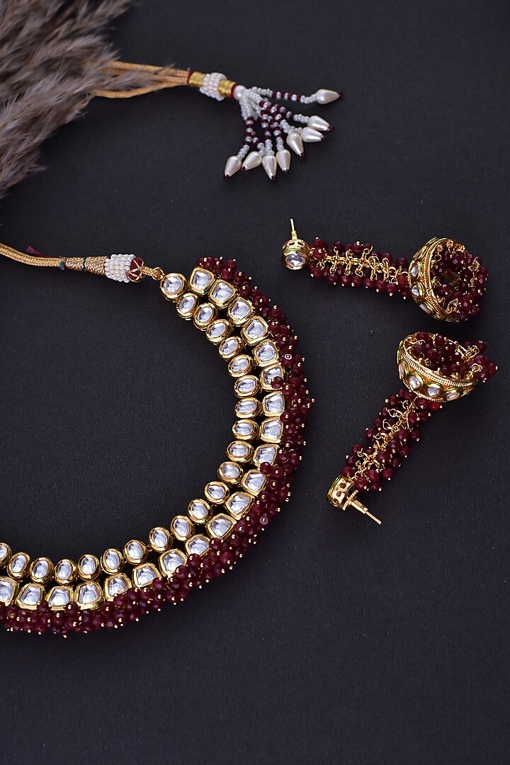 Gold Finish Red Kundan Polki Handcrafted Choker Necklace Set by Swabhimann Jewellery at Pernia's Pop Up Shop