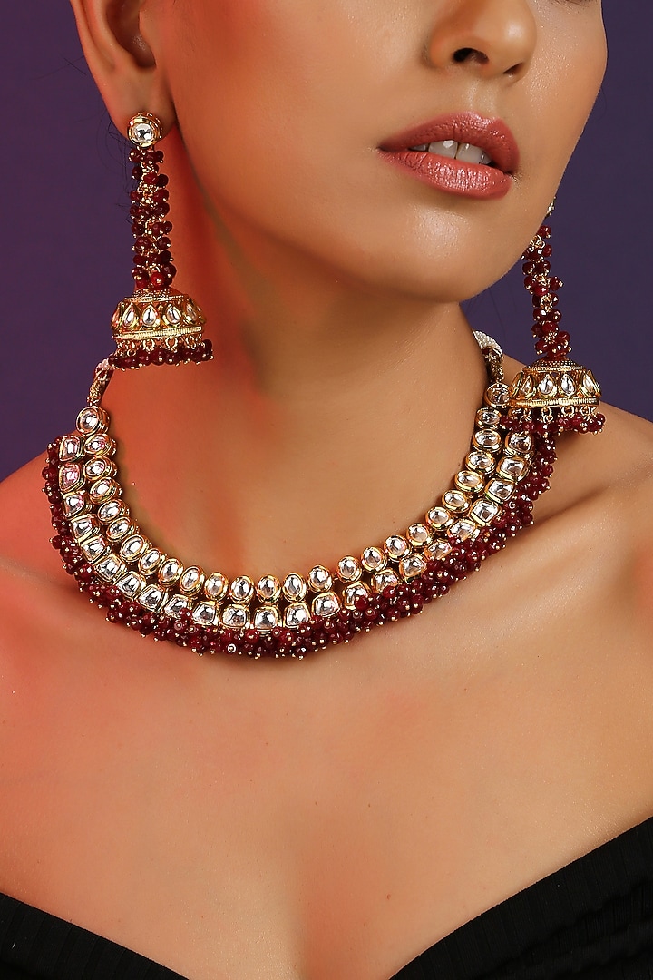 Gold Finish Red Kundan Polki Handcrafted Choker Necklace Set by Swabhimann Jewellery at Pernia's Pop Up Shop