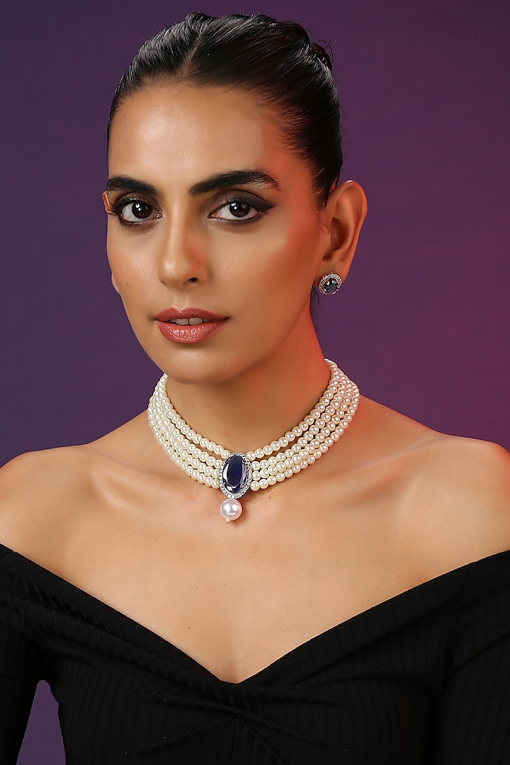 erosion lemmer Enumerate Gold Finish Blue Synthetic Stone & Pearl Choker Necklace Set Design by  Swabhimann Jewellery at Pernia's Pop Up Shop 2023