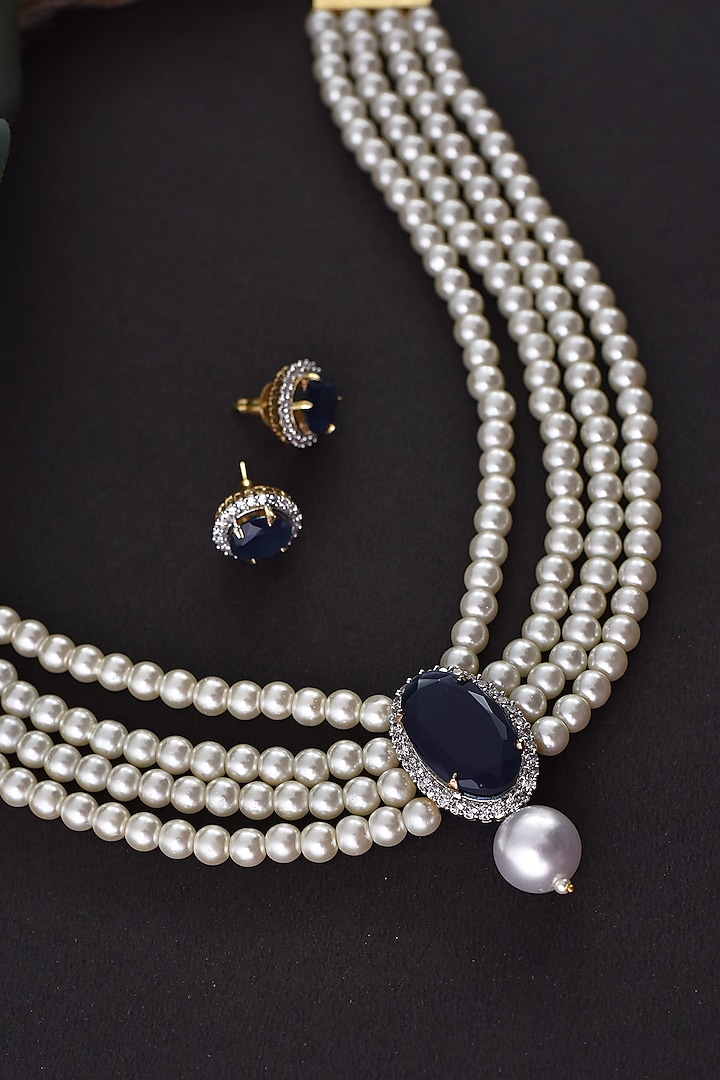 Gold Finish Blue Synthetic Stone & Pearl Choker Necklace Set by Swabhimann Jewellery at Pernia's Pop Up Shop
