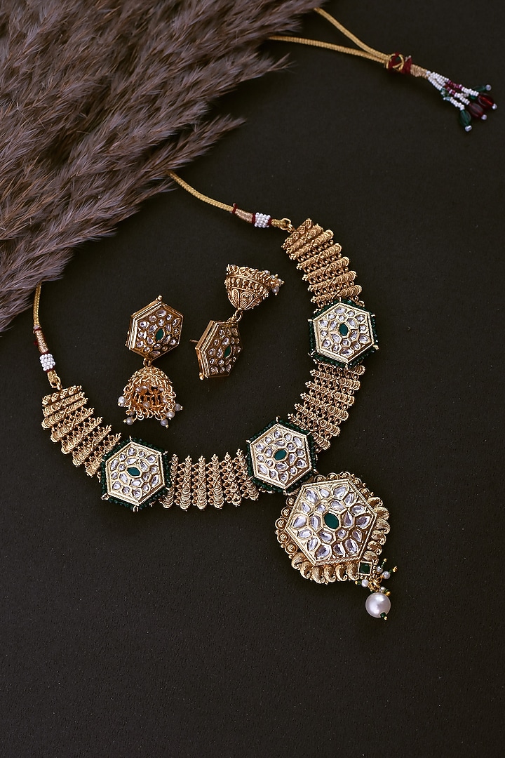 Gold Finish Green Kundan Polki Temple Necklace Set by Swabhimann Jewellery at Pernia's Pop Up Shop