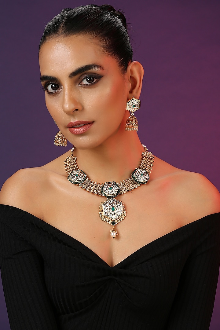 Gold Finish Green Kundan Polki Temple Necklace Set by Swabhimann Jewellery at Pernia's Pop Up Shop