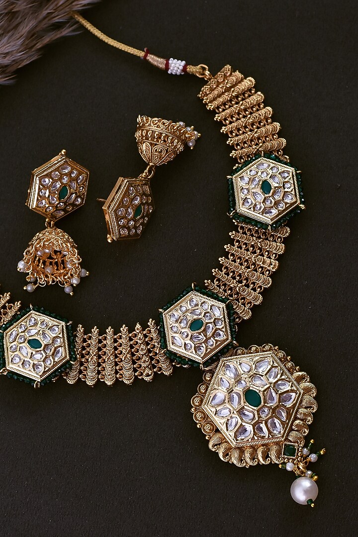 Gold Finish Green Kundan Polki Temple Necklace Set by Swabhimann Jewellery at Pernia's Pop Up Shop