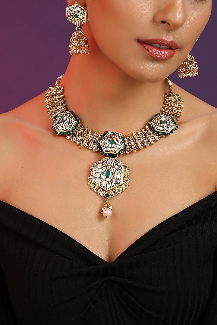 Gold Finish Green Kundan Polki Temple Necklace Set by Swabhimann Jewellery at Pernia's Pop Up Shop