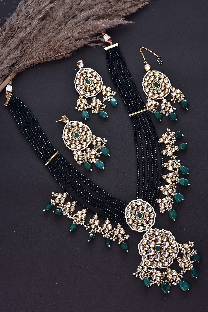 Gold Finish Green Kundan Polki Long Necklace Set by Swabhimann Jewellery at Pernia's Pop Up Shop