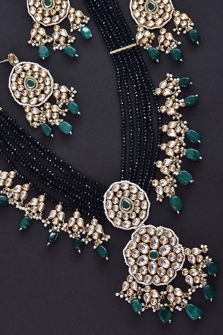 Gold Finish Green Kundan Polki Long Necklace Set by Swabhimann Jewellery at Pernia's Pop Up Shop