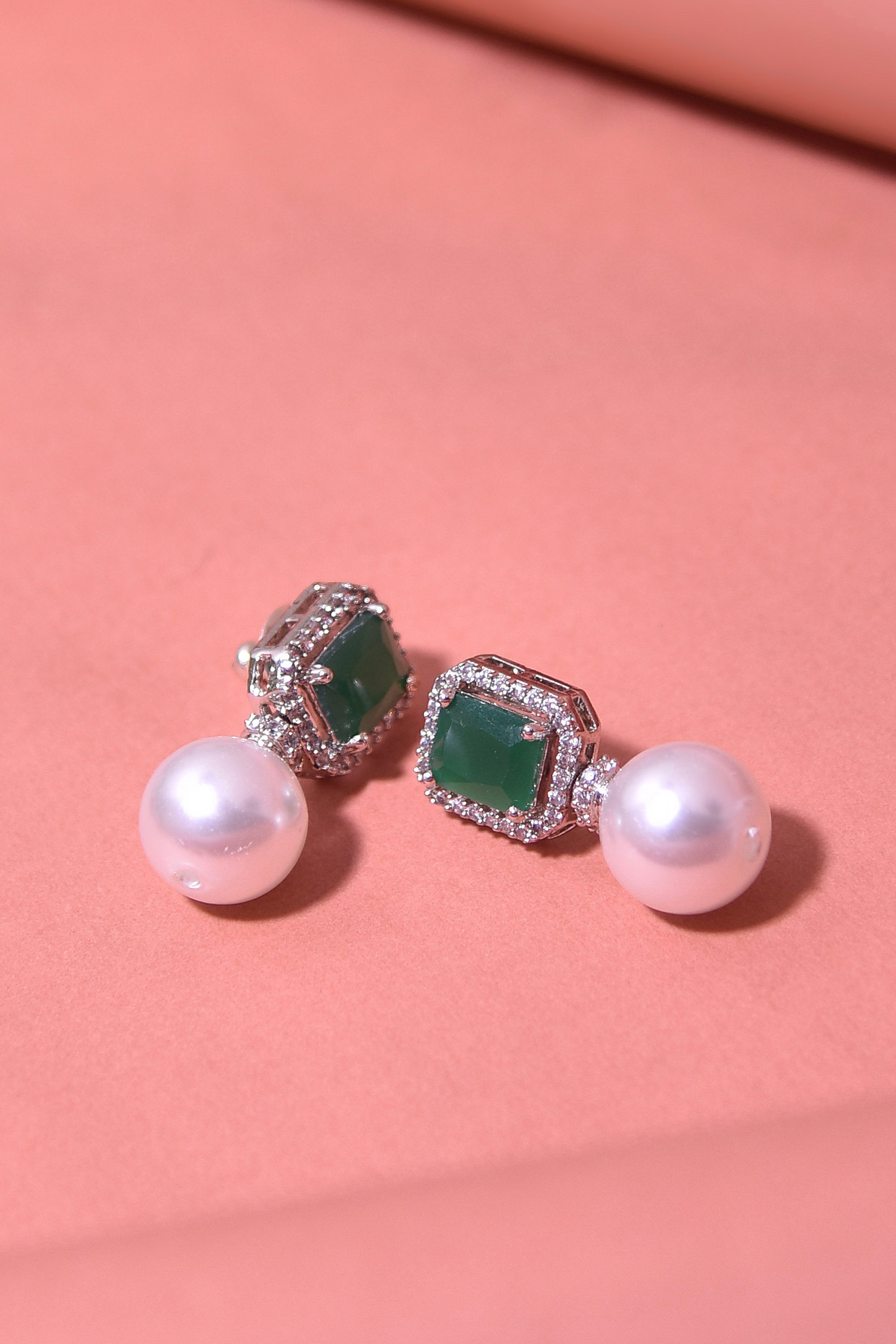 White Finish Zircon & Pearl Dangler Earrings by Swabhimann Jewellery