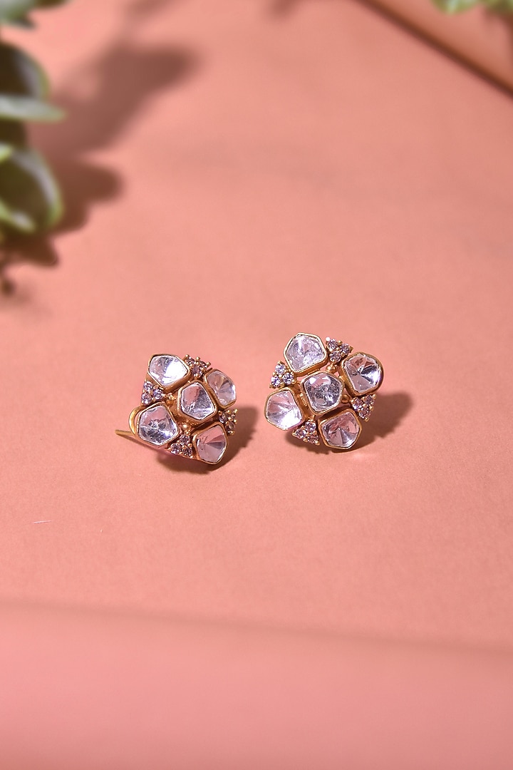 Rose Gold Finish Kundan Polki Stud Earrings by Swabhimann Jewellery at Pernia's Pop Up Shop