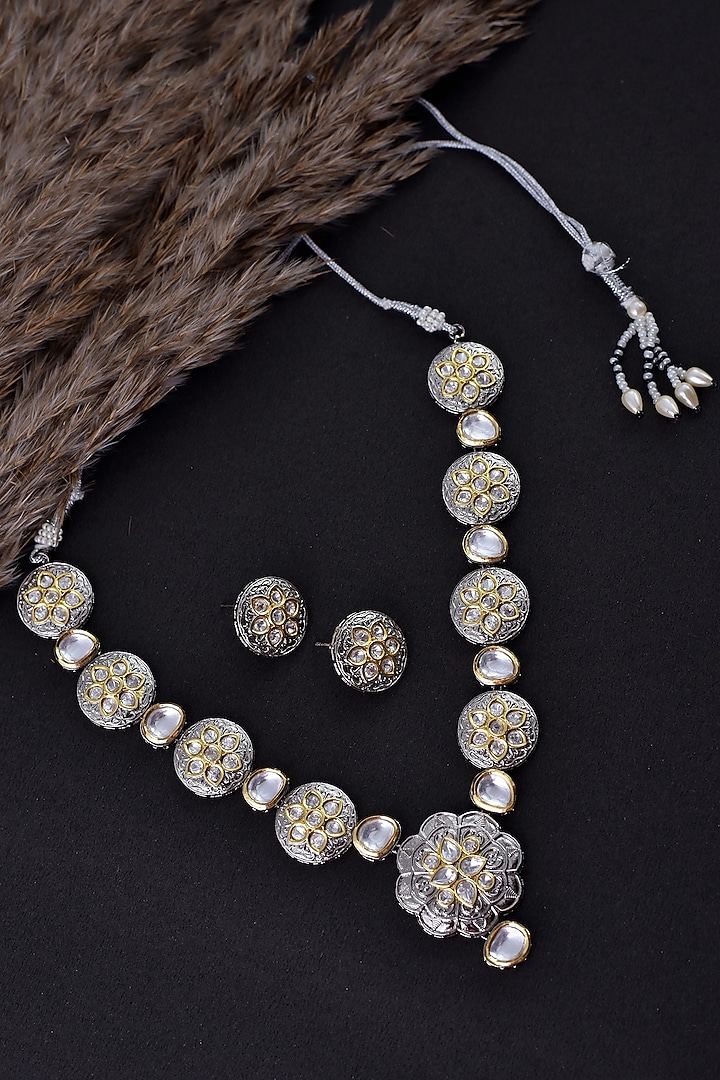 Two Tone Finish Silver Kundan Polki Long Necklace Set by Swabhimann Jewellery at Pernia's Pop Up Shop