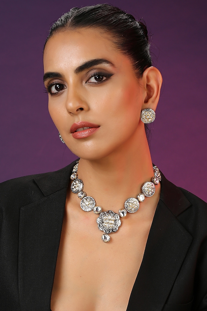 Two Tone Finish Silver Kundan Polki Long Necklace Set by Swabhimann Jewellery at Pernia's Pop Up Shop