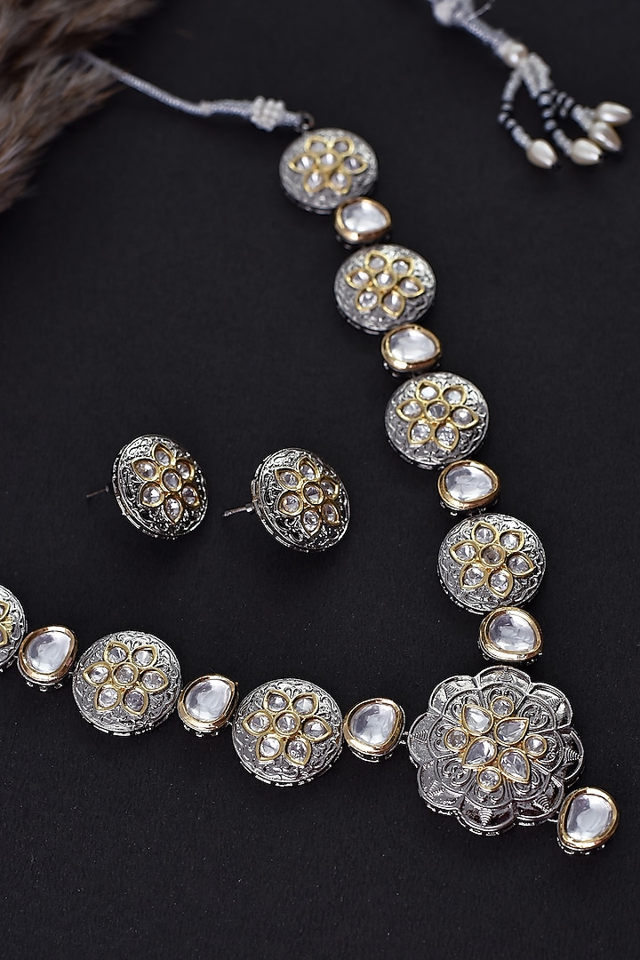 Two Tone Finish Silver Kundan Polki Long Necklace Set by Swabhimann Jewellery at Pernia's Pop Up Shop