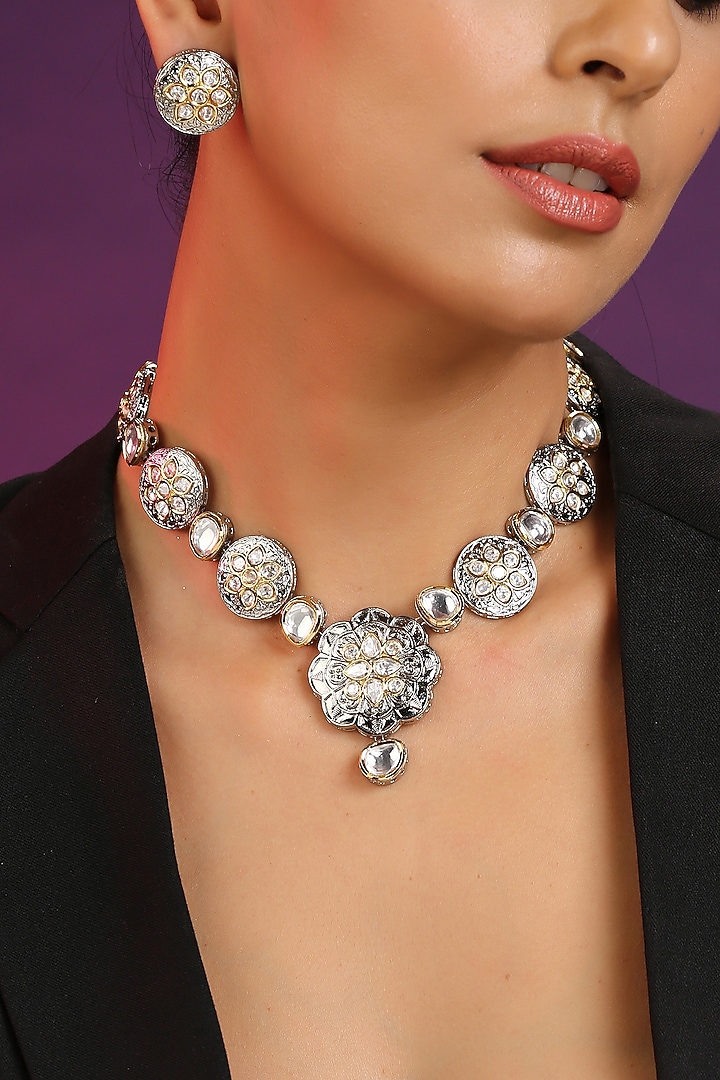 Two Tone Finish Silver Kundan Polki Long Necklace Set by Swabhimann Jewellery at Pernia's Pop Up Shop