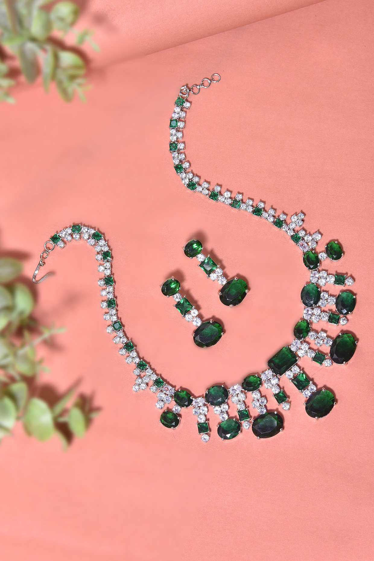 White Finish Zirconia & Emerald Necklace Set by Swabhimann Jewellery