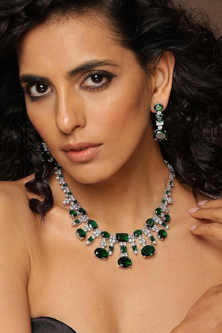 White Finish Zirconia & Emerald Necklace Set by Swabhimann Jewellery