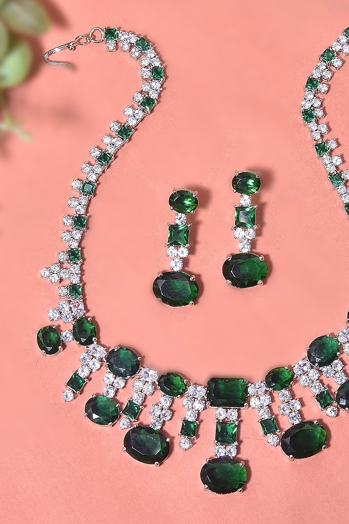 White Finish Zirconia & Emerald Necklace Set by Swabhimann Jewellery at Pernia's Pop Up Shop