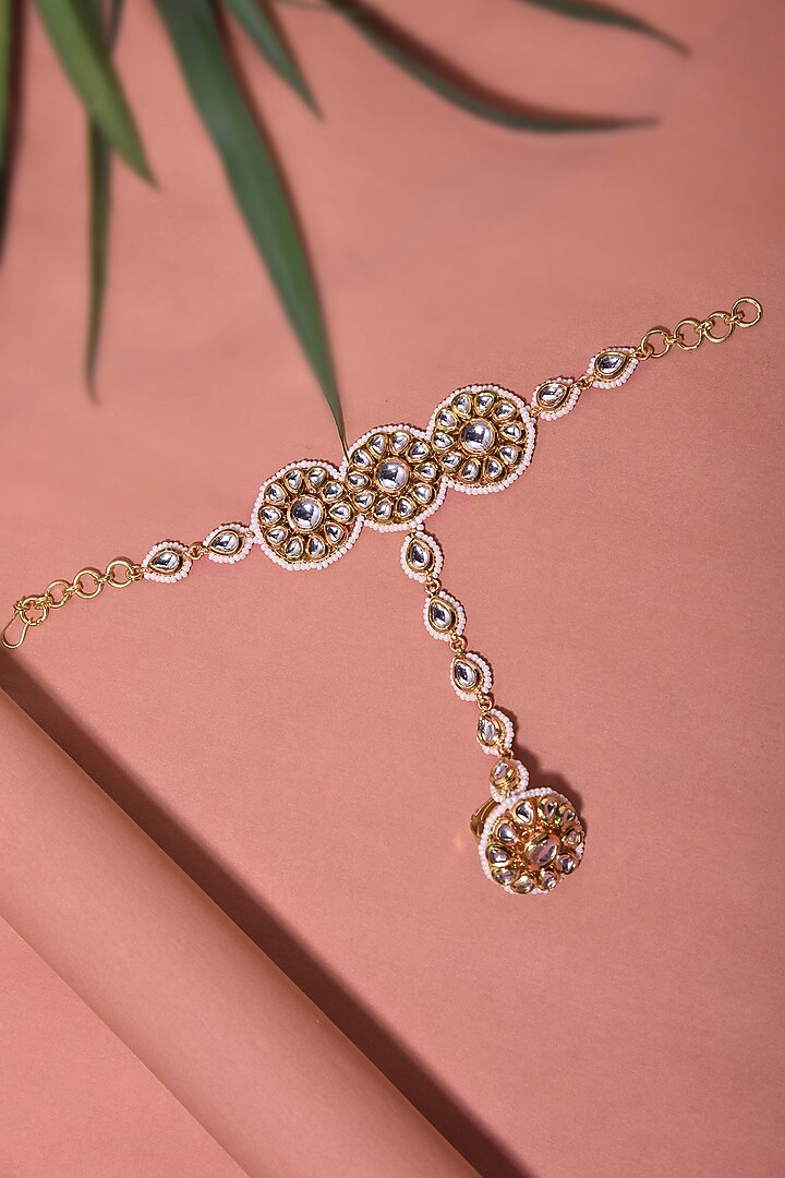 Gold Finish Kundan Polki & Pearl Hathphool by Swabhimann Jewellery at Pernia's Pop Up Shop