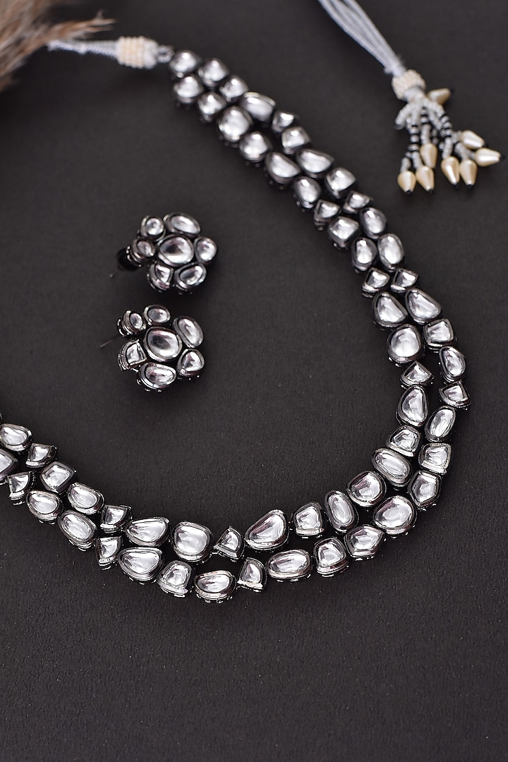 Black Rhodium Finish Silver Kundan Polki Long Necklace Set by Swabhimann Jewellery at Pernia's Pop Up Shop
