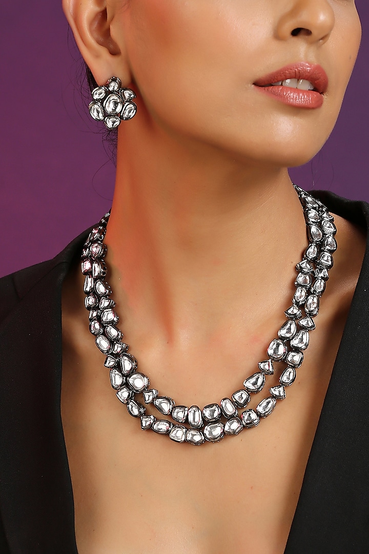 Black Rhodium Finish Silver Kundan Polki Long Necklace Set by Swabhimann Jewellery at Pernia's Pop Up Shop
