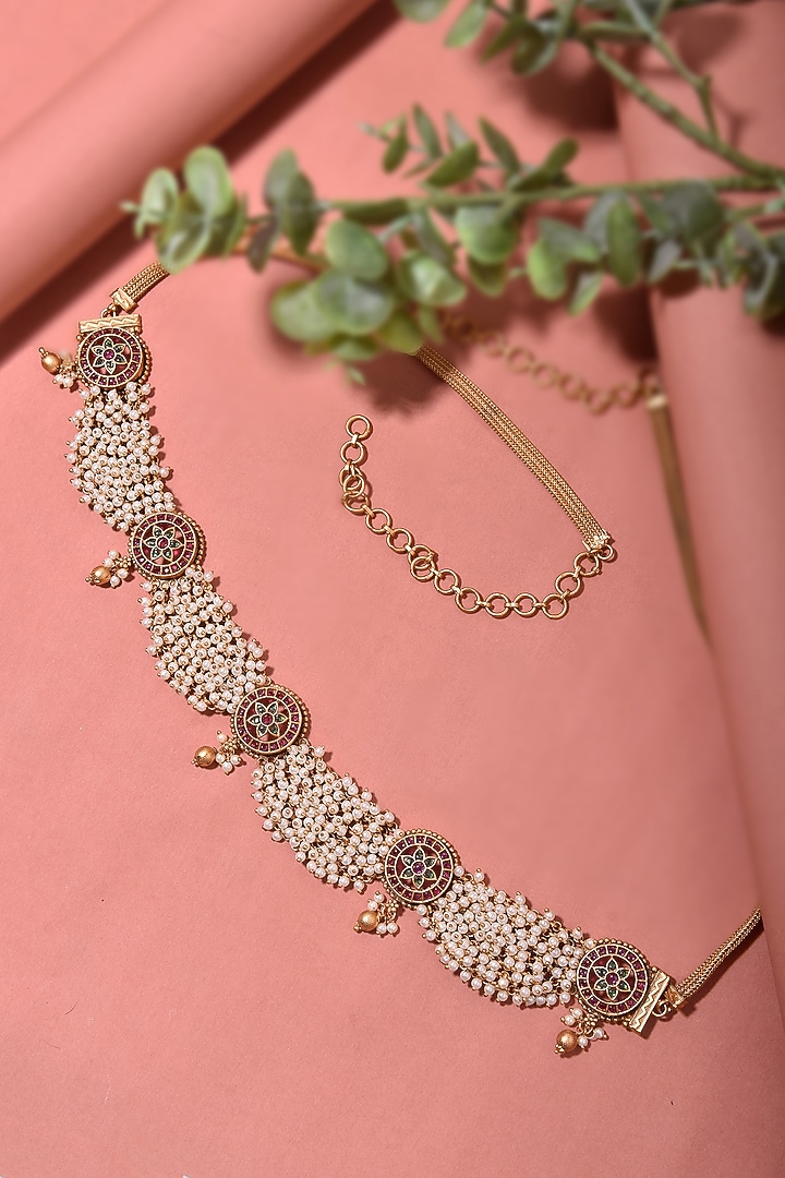 Gold Finish Pearl & Multi-Colored Stone Waistbelt by Swabhimann Jewellery at Pernia's Pop Up Shop