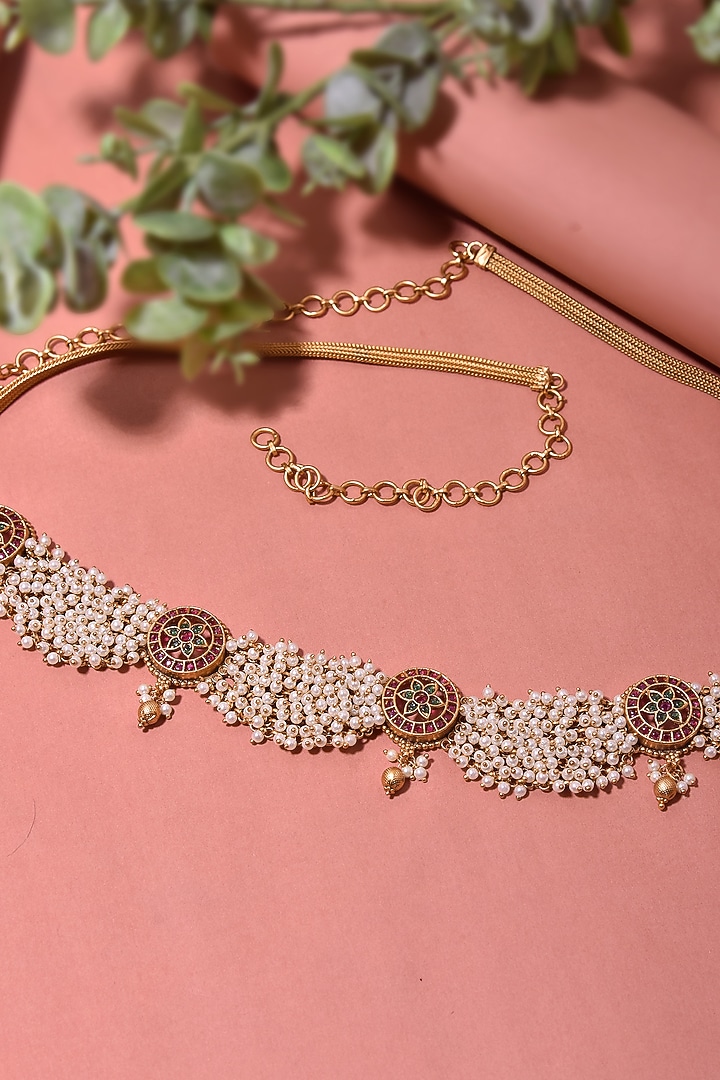 Gold Finish Pearl & Multi-Colored Stone Waistbelt by Swabhimann Jewellery at Pernia's Pop Up Shop