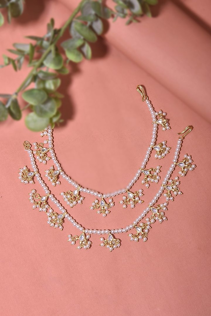 Gold Finish Kundan Polki & Pearl Anklets (Set Of 2) by Swabhimann Jewellery at Pernia's Pop Up Shop