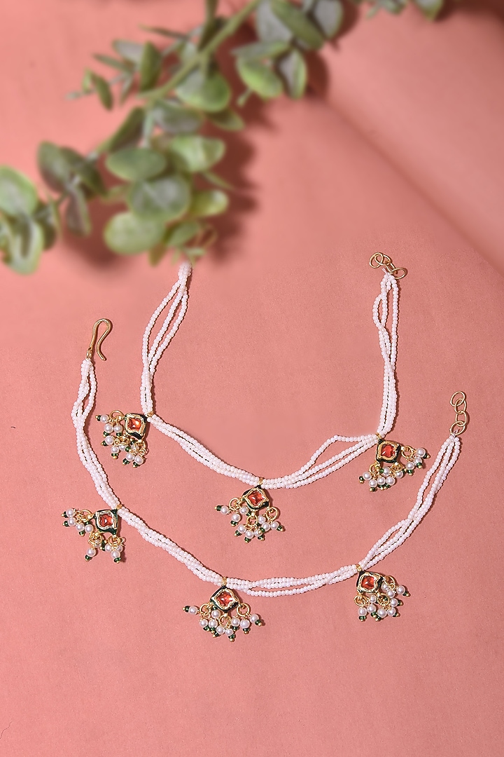 Gold Finish Kundan Polki & Pearl Anklets (Set Of 2) by Swabhimann Jewellery at Pernia's Pop Up Shop