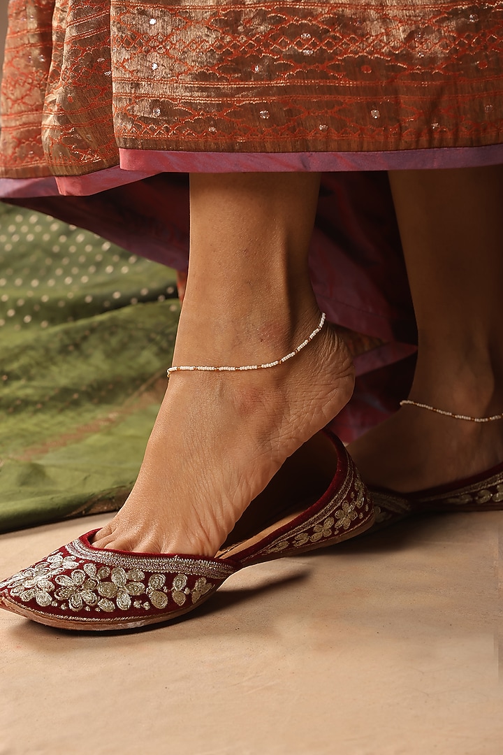 Gold Finish Kundan Polki & Pearl Anklets (Set Of 2) by Swabhimann Jewellery at Pernia's Pop Up Shop