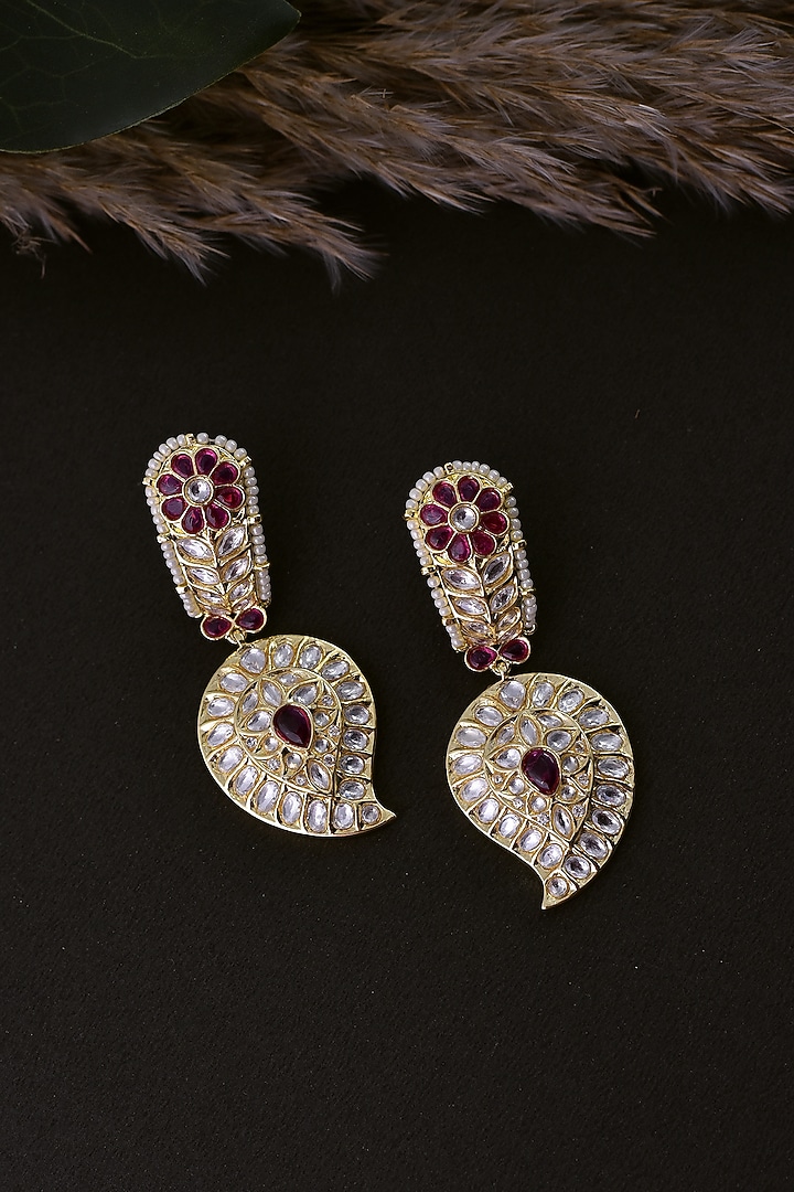 Gold Finish Red Kundan Polki Handcrafted Dangler Earrings by Swabhimann Jewellery at Pernia's Pop Up Shop