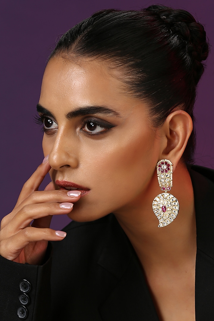 Gold Finish Red Kundan Polki Handcrafted Dangler Earrings by Swabhimann Jewellery at Pernia's Pop Up Shop