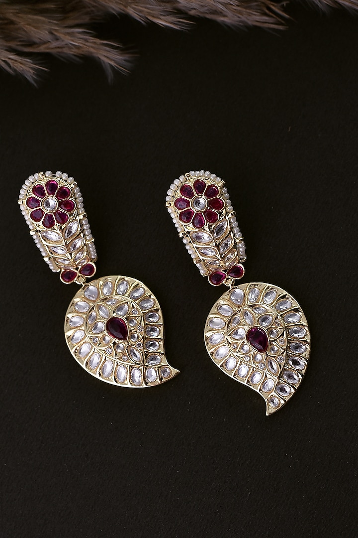 Gold Finish Red Kundan Polki Handcrafted Dangler Earrings by Swabhimann Jewellery at Pernia's Pop Up Shop
