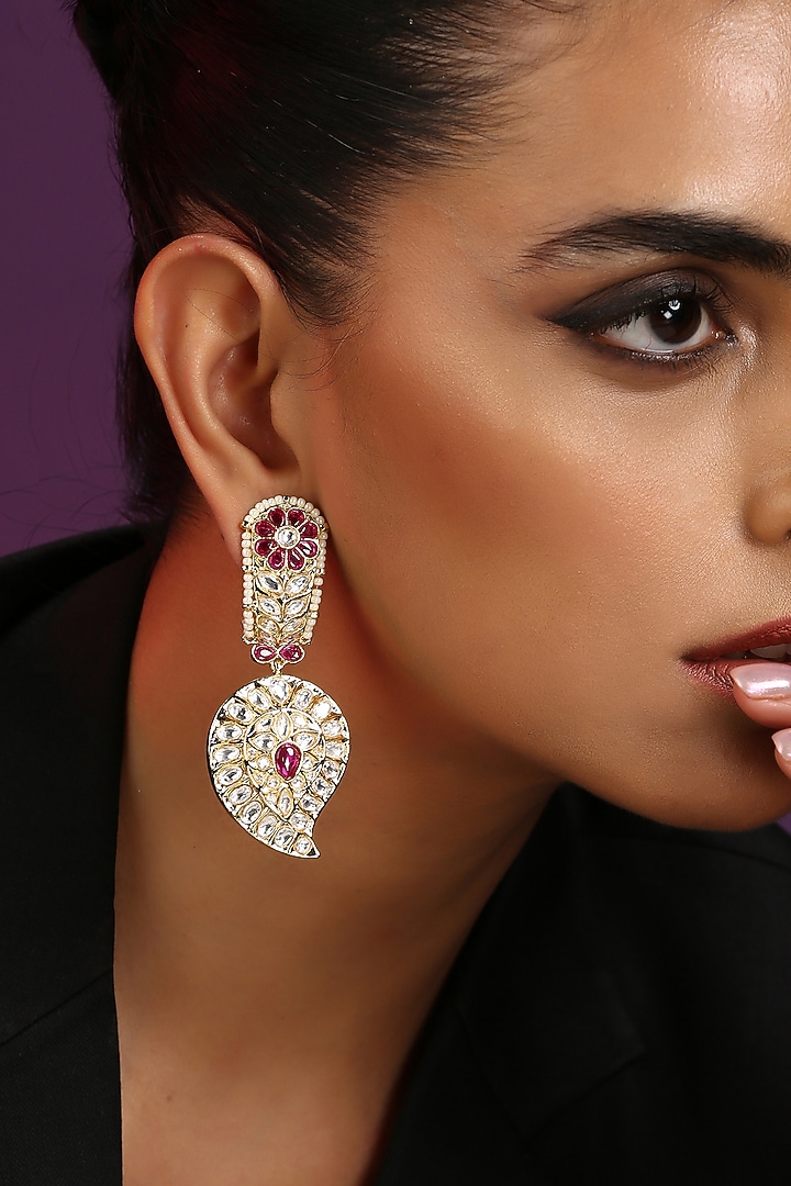 Gold Finish Red Kundan Polki Handcrafted Dangler Earrings by Swabhimann Jewellery at Pernia's Pop Up Shop