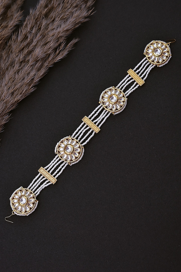 Gold Finish White Kundan Polki & Pearl Sheeshpatti by Swabhimann Jewellery