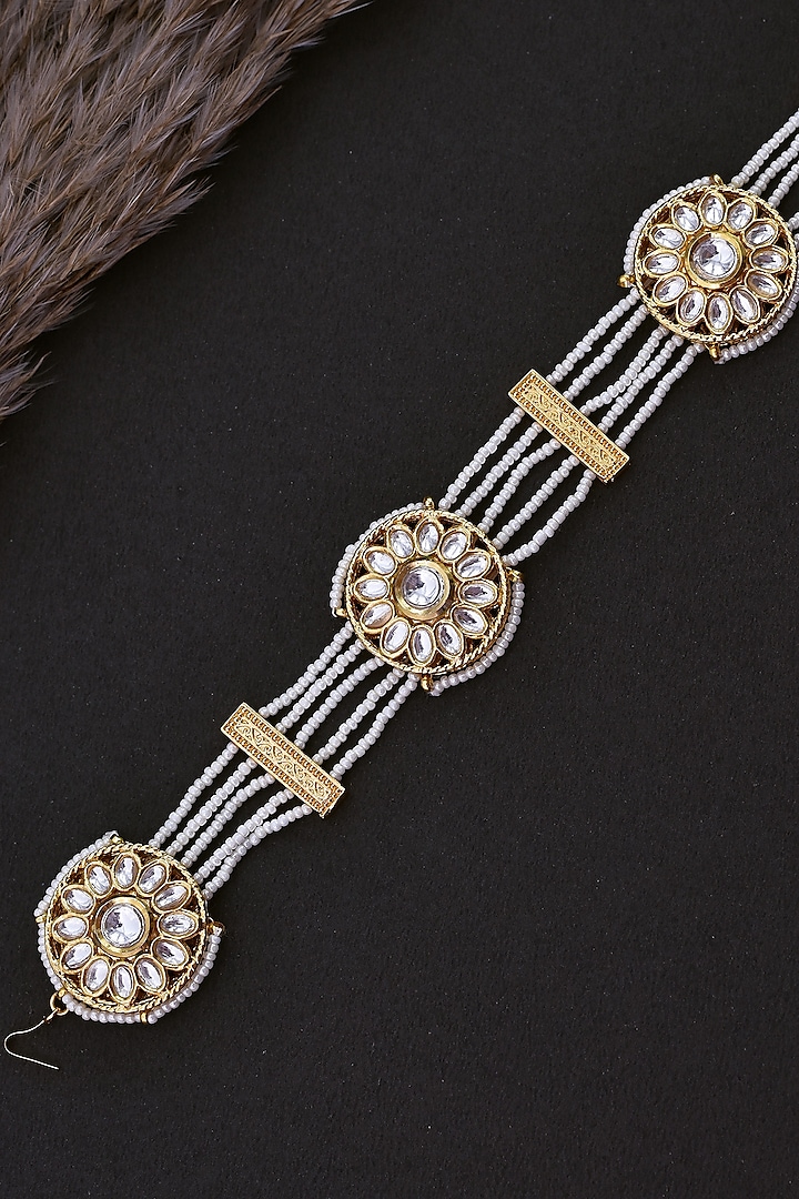 Gold Finish White Kundan Polki & Pearl Sheeshpatti by Swabhimann Jewellery at Pernia's Pop Up Shop