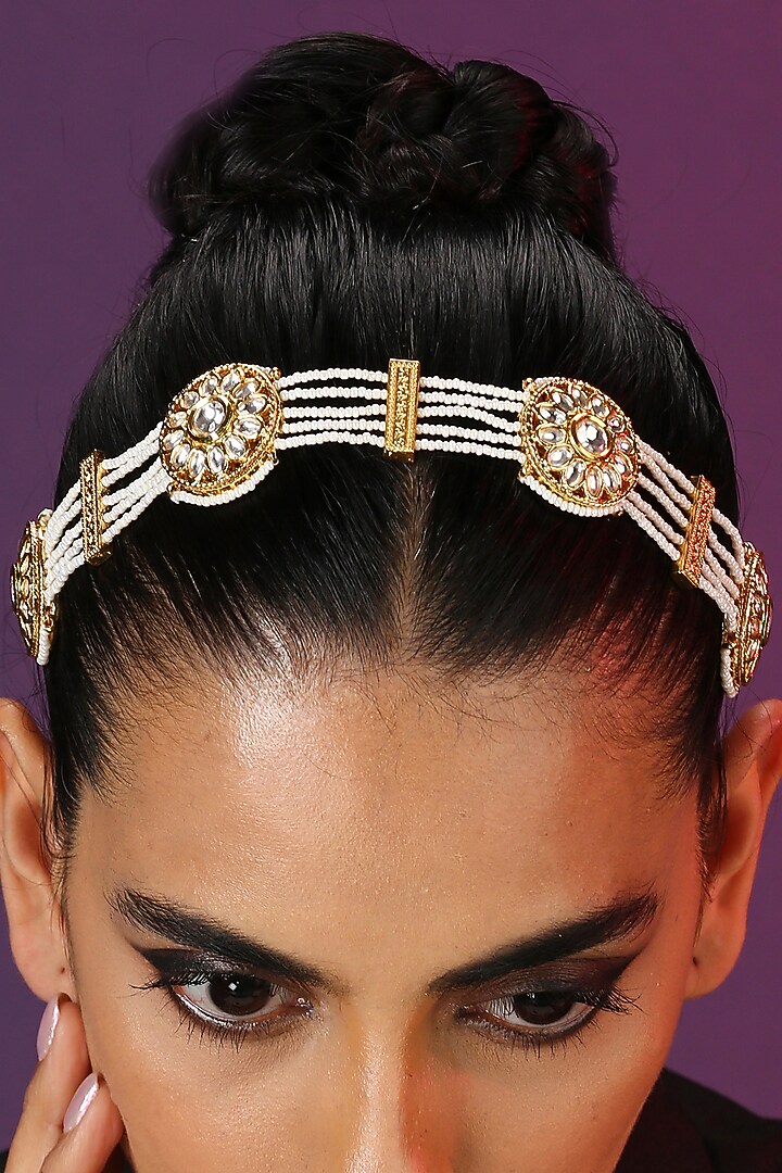 Gold Finish White Kundan Polki & Pearl Sheeshpatti by Swabhimann Jewellery at Pernia's Pop Up Shop