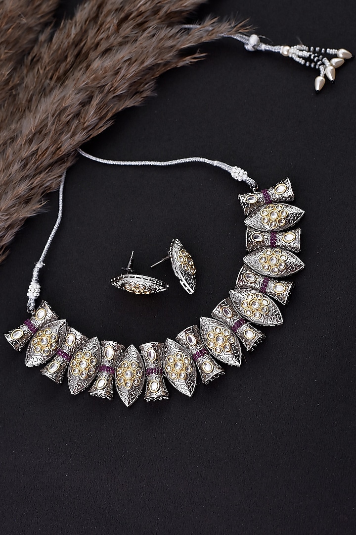 Two Tone Finish Silver Kundan Polki Handcrafted Necklace Set by Swabhimann Jewellery at Pernia's Pop Up Shop