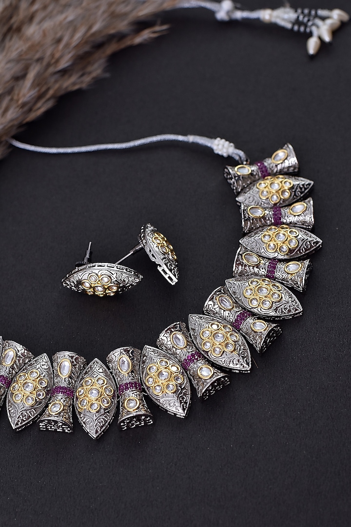 Two Tone Finish Silver Kundan Polki Handcrafted Necklace Set by Swabhimann Jewellery at Pernia's Pop Up Shop