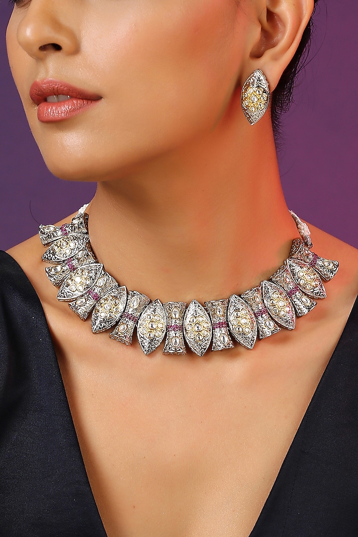 Two Tone Finish Silver Kundan Polki Handcrafted Necklace Set by Swabhimann Jewellery at Pernia's Pop Up Shop