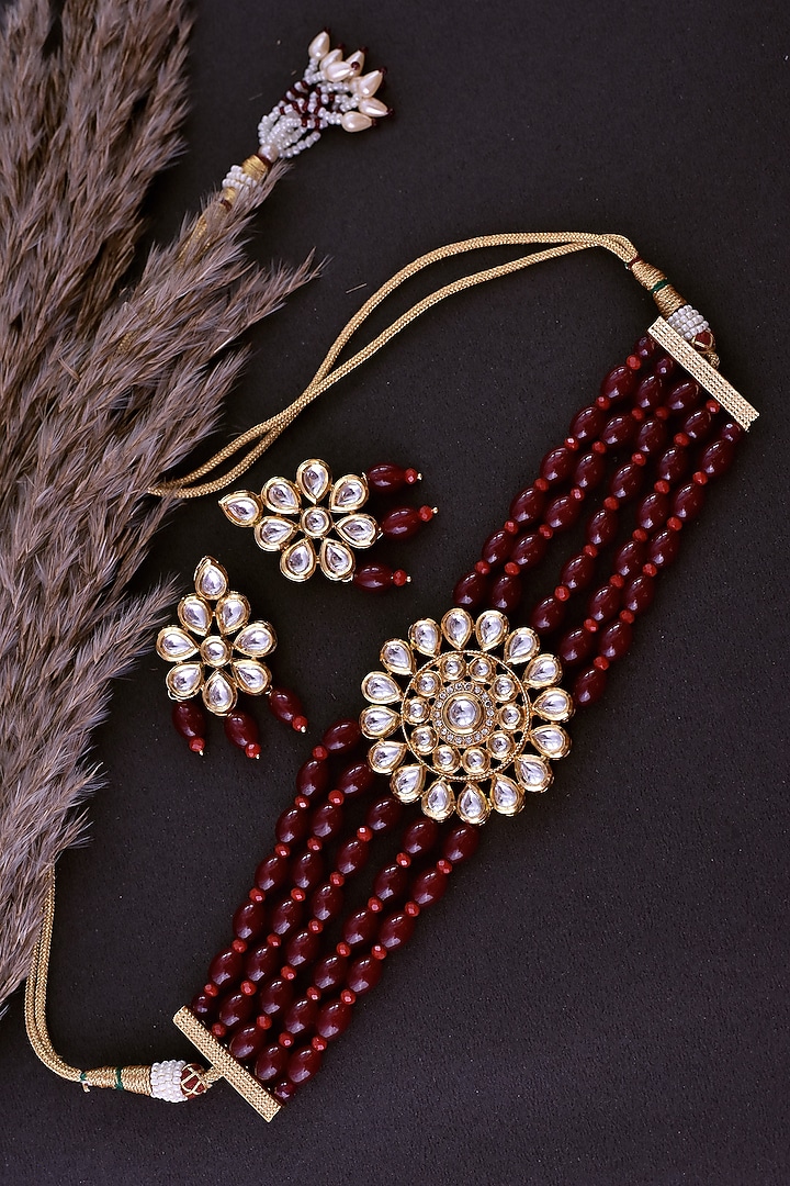 Gold Finish Red Kundan Polki Handcrafted Choker Necklace Set by Swabhimann Jewellery at Pernia's Pop Up Shop