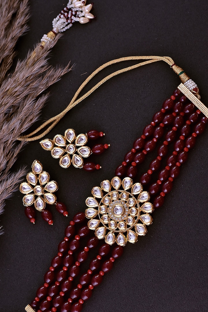 Gold Finish Red Kundan Polki Handcrafted Choker Necklace Set by Swabhimann Jewellery at Pernia's Pop Up Shop