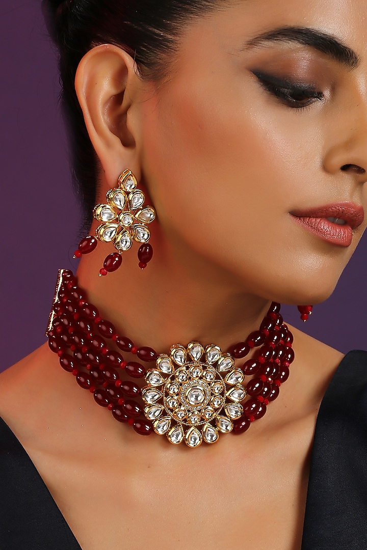 Gold Finish Red Kundan Polki Handcrafted Choker Necklace Set by Swabhimann Jewellery at Pernia's Pop Up Shop