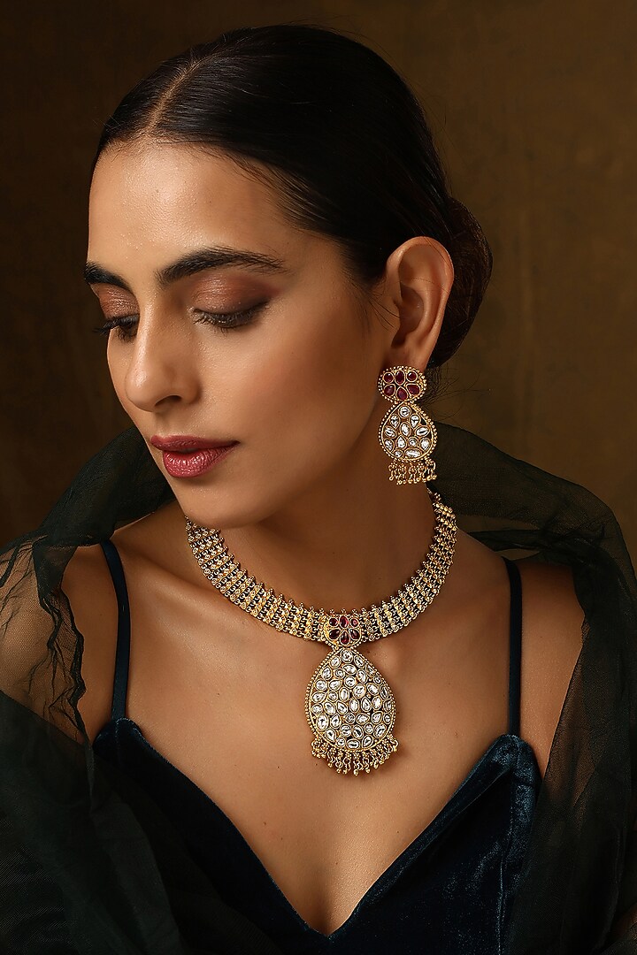 Gold Finish Kundan Polki Temple Necklace Set by Swabhimann Jewellery at Pernia's Pop Up Shop