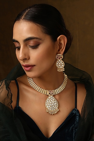 Gold Finish Kundan Polki Temple Necklace Set by Swabhimann Jewellery